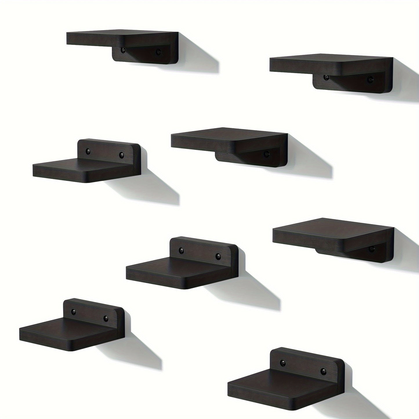 Eight-Piece 4-Inch Wall Shelf Set with Compact Square Ledges, Pure Black Finish and Mounting Hardware