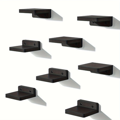Eight-Piece 4-Inch Wall Shelf Set with Compact Square Ledges, Pure Black Finish and Mounting Hardware