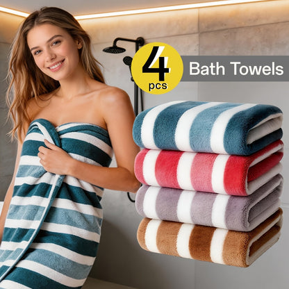 Bath Towels Set 1 or 4 Pack 346GSM Polyester Striped Towels 70 x 140cm in Four Colors for Home and Guest Use