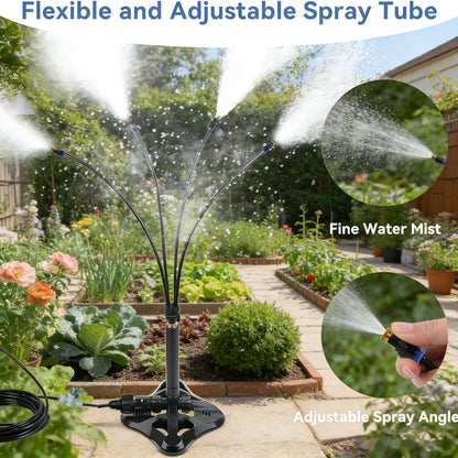 Standing Outdoor Misting Sprinkler with Multiple Flexible Spray Arms and Pictured Patio Base for Garden Cooling