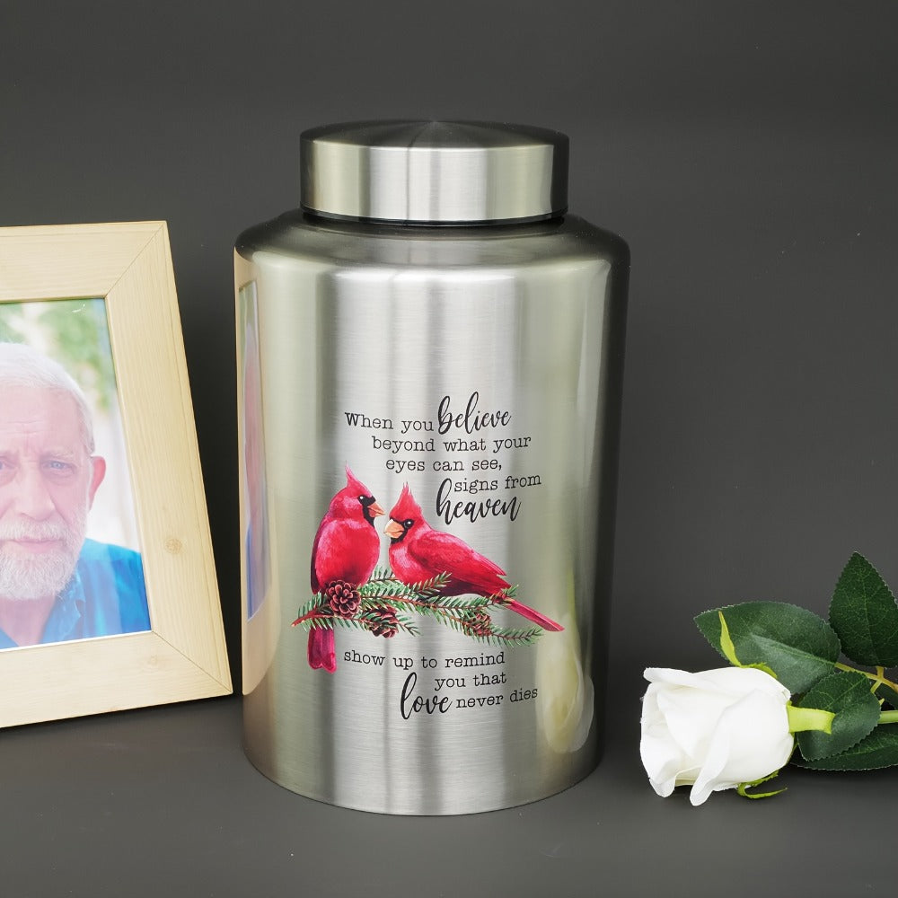 Cremation Urns for Human Ashes Large – Stainless Steel Memorial Urn Holds 220 lbs, Decorative Butterfly Cardinal Fairy Design, Screw Lid & Seal Ring, Velvet Pouch Included, Adult Funeral Keepsake Urn