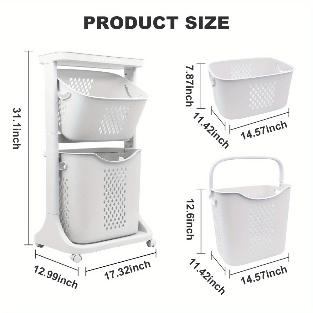 Two-Tier Rolling Laundry Hamper Cart with Removable Baskets for Bathrooms, Bedrooms and Laundry Rooms