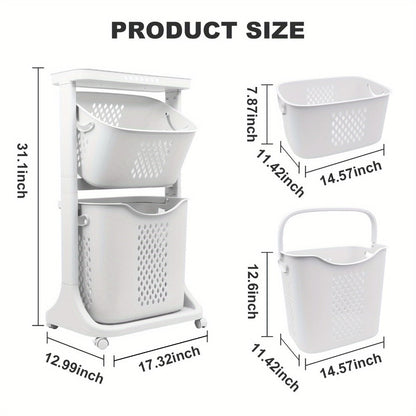 Two-Tier Rolling Laundry Hamper Cart with Removable Baskets for Bathrooms, Bedrooms and Laundry Rooms