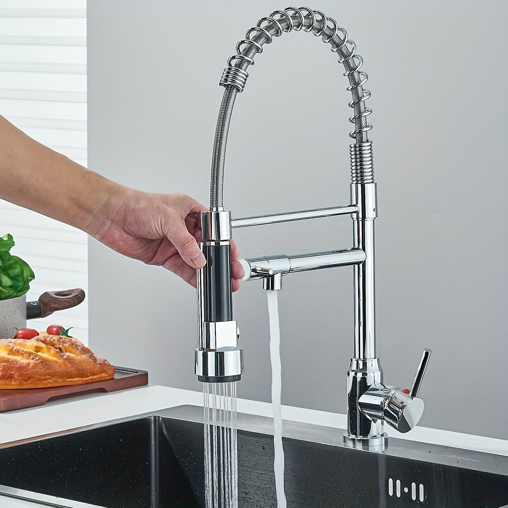 Single-Hole Pull-Down Kitchen Faucet with Spring Spout, 360° Swivel Sprayer and Three Finish Options