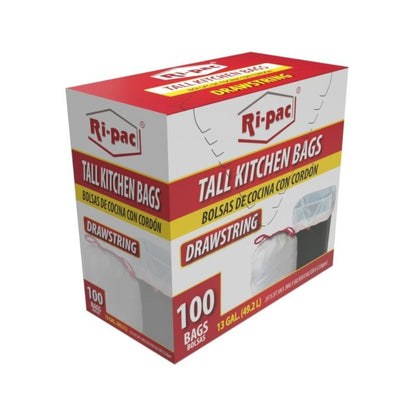 White Drawstring Kitchen Trash Bags, 13-Gallon 100-Count Pack with Two Exact Checkout Label Options