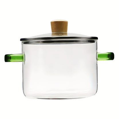 Glass Cooking Pot 54oz 1600ml Borosilicate Heat-Resistant with Lid – Transparent Dumpling & Ramen Pot for Stove & Oven | Odorless Easy-Clean Soup Milk Pot with Green or Yellow Stainless Steel Handle