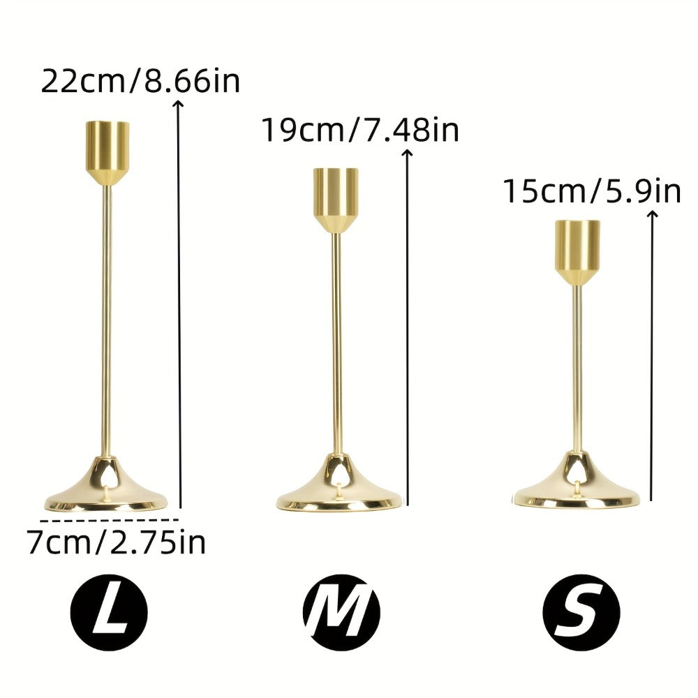 Gold-Tone Cast Iron Taper Candle Holder Set of Six with 15cm, 19cm and 22cm Single-Stem Heights