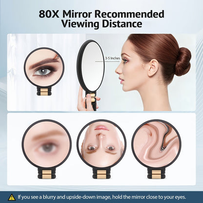 Black Handheld Magnifying Mirror with 360-Degree Adjustable Handle and Compact Travel Format, 80X Checkout Label