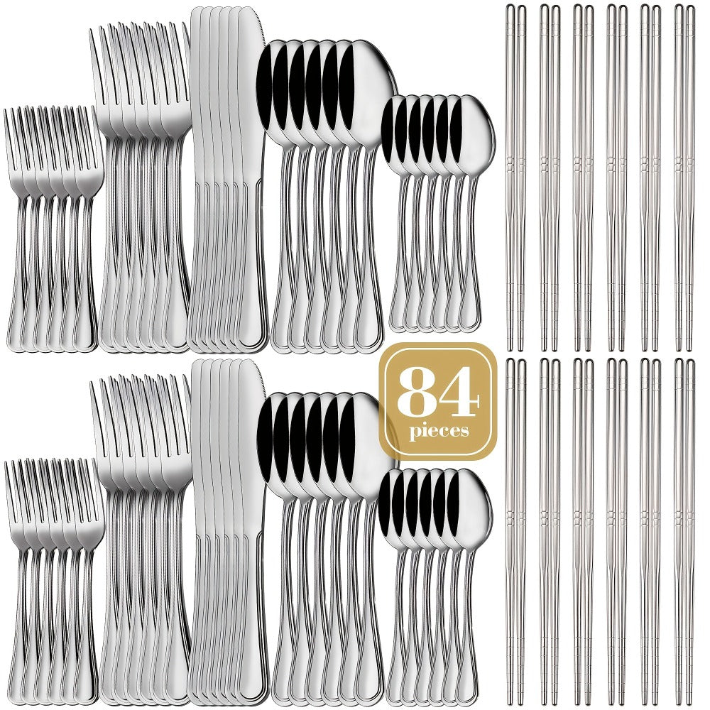 Large Flatware Set with 60-, 65- or 84-Piece Silver, Gold or Black Options and Chopstick Configurations