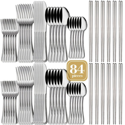 Large Flatware Set with 60-, 65- or 84-Piece Silver, Gold or Black Options and Chopstick Configurations