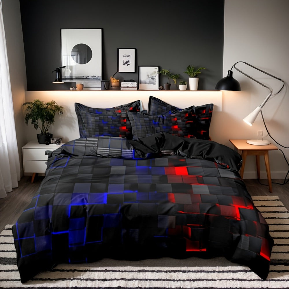 3-Piece Duvet Cover Set with Dimensional Geometric Cube Print, Zipper Closure and Five Color Options