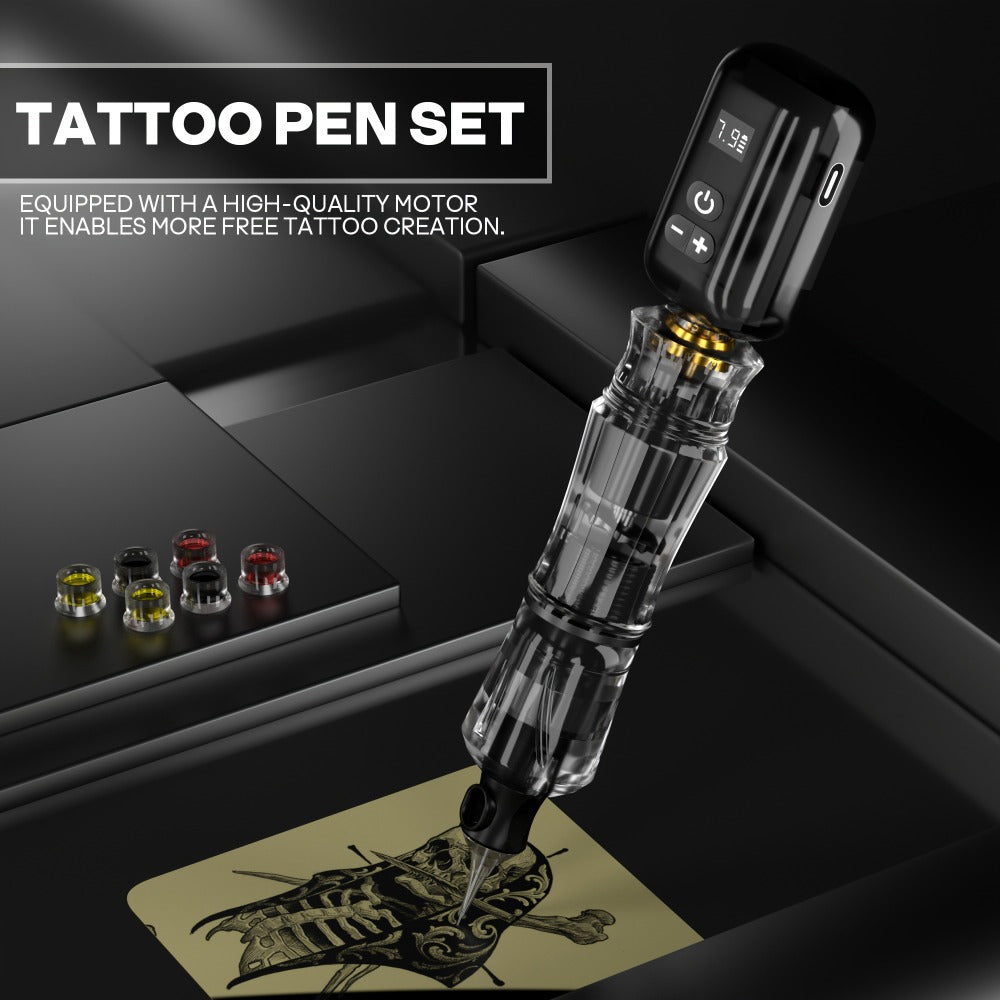 Tattoo Machine Kit POSEIDON PS090-161 Wireless Rotary Pen with 1400mAh Battery, Display, 10 Cartridges and 6 Inks