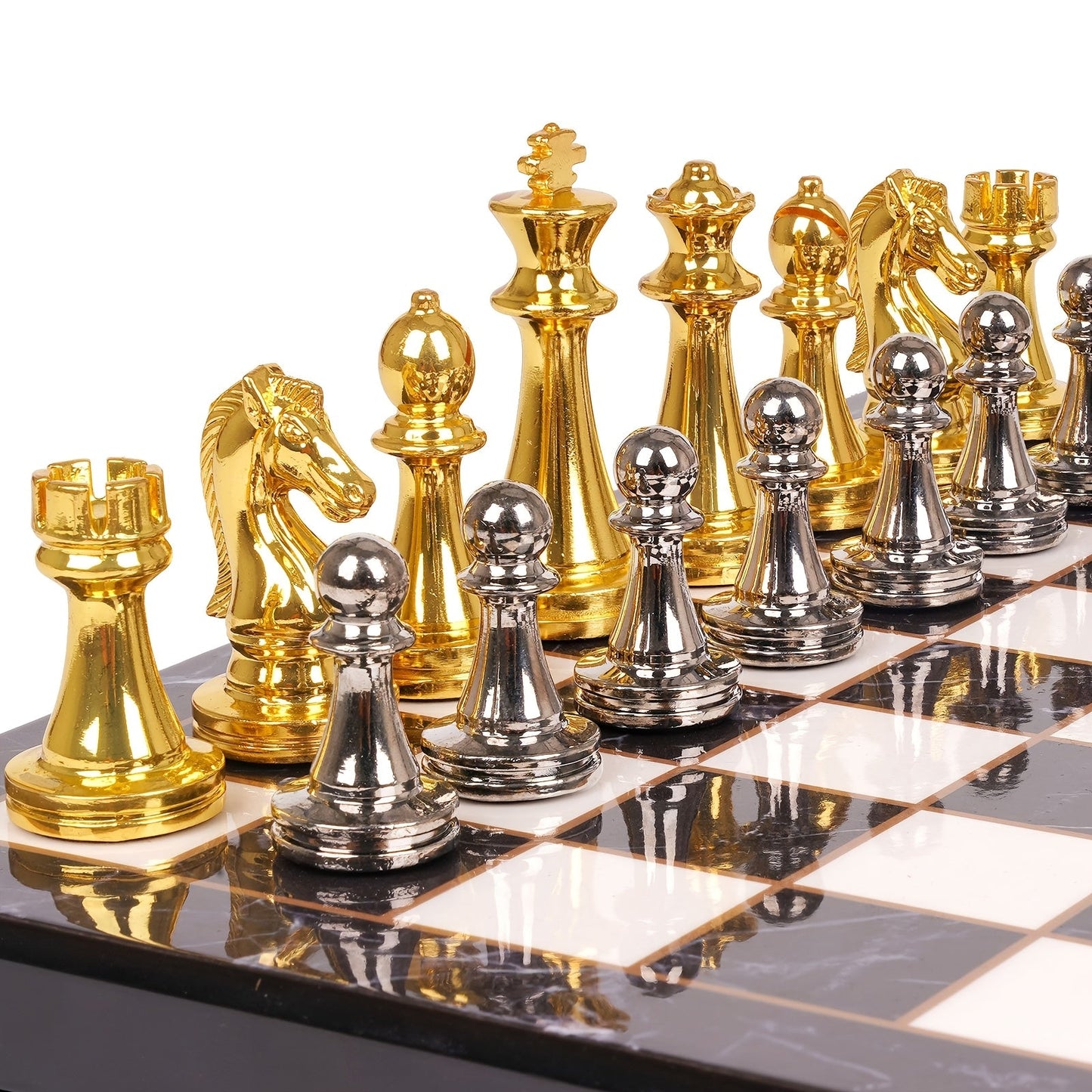 Metal Chess Set with 11.5-Inch Marble-Look Storage Board, Zinc Alloy Pieces and Extra Queens