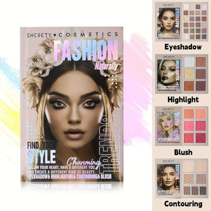 3-in-1 Eyeshadow Blush Highlighter Palette Loose Powder Book-Style Folding Compact Moisturizing Buildable Pigment Luminous Finish for Daily Glam Travel Gift Women