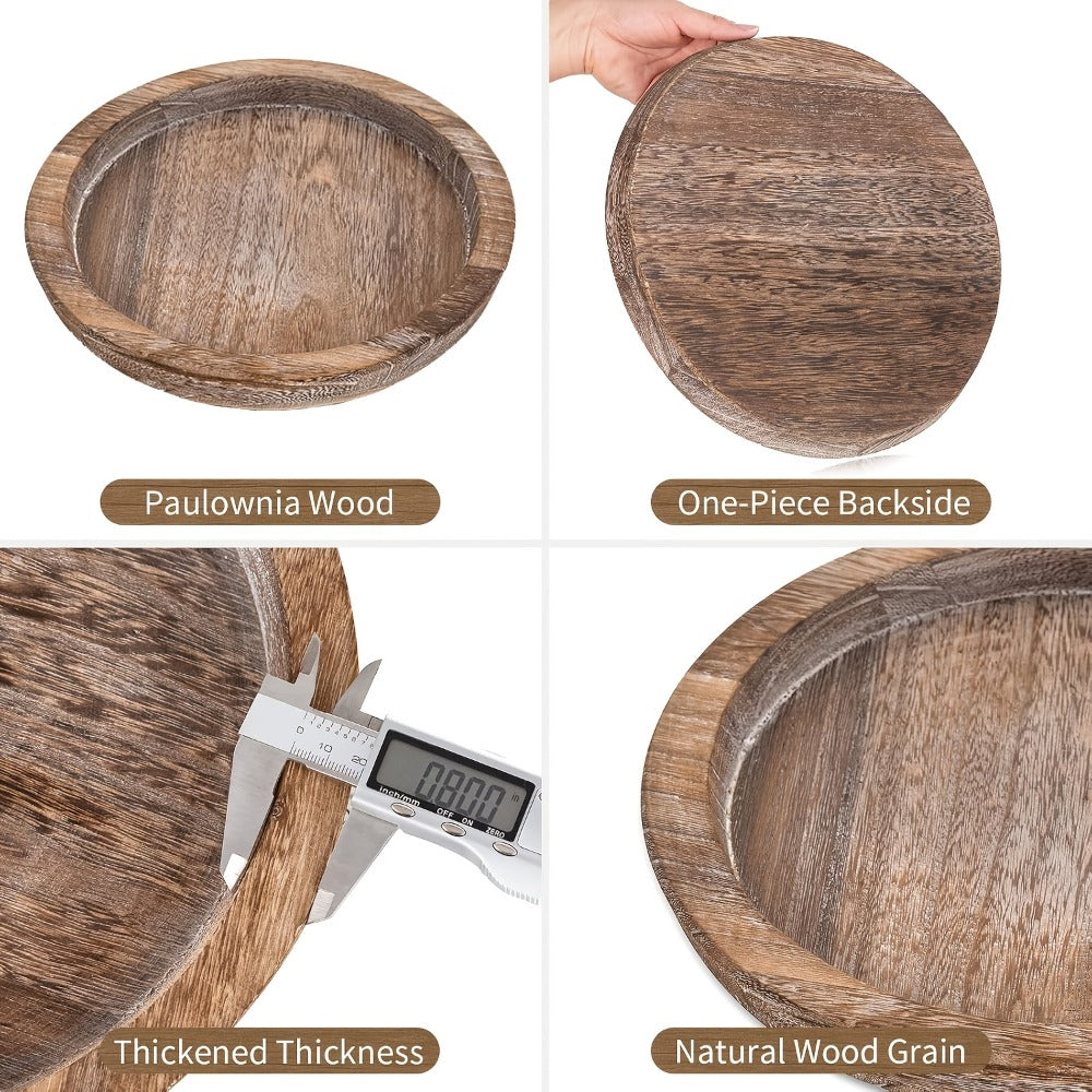 Round Wave-Edge Decorative Tray in White Wood Grain, Charcoal or Washed White for Coffee Table Displays
