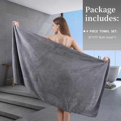 Oversized Bath Towel Set 4 Piece Diamond Pattern Microfiber - Ultra Soft Highly Absorbent Quick Dry | 10 Colors | Blue Green Black Gray Navy Orchid Brown Purple White Turquoise | Bathroom Hotel Gym Gift