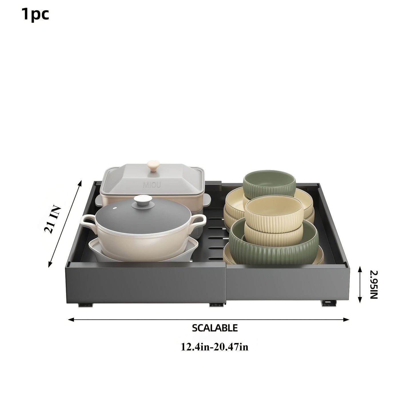 Expandable Pull-Out Cabinet Shelf with Adjustable Width, 16.5- or 21-Inch Depths and Black or White Pack Options