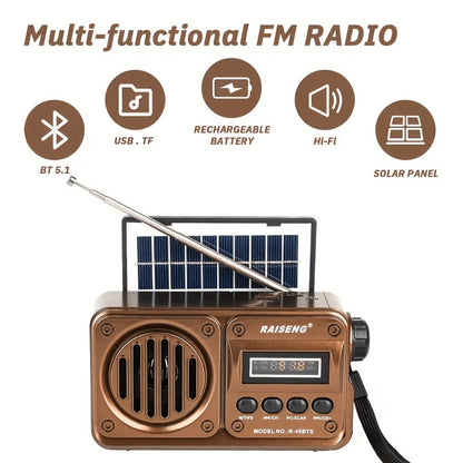 Retro FM Radio Speaker with Solar Panel, Bluetooth, USB and TF Card Playback in Black or Brown