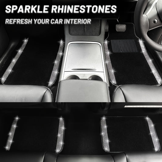 Bling Car Floor Mats Full Set – Rhinestone Sparkle Glitter Diamond Carpet, Universal Fit Cars SUV Trucks, 4pcs Anti-Slip Pad, Cute Car Accessories for Women & Girls
