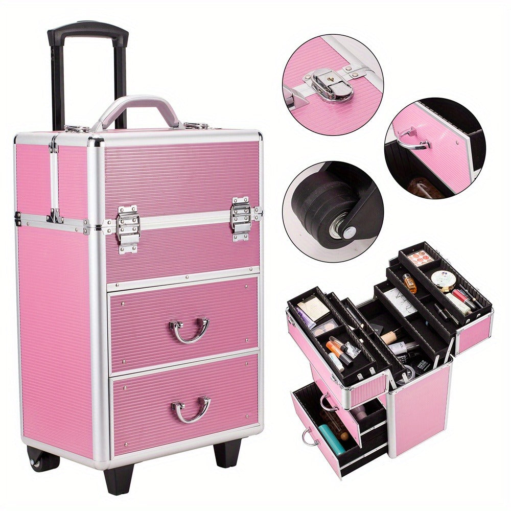 Pink Four-Tier Rolling Makeup Train Case with Fold-Out Top Trays, Two Drawers and Telescoping Handle