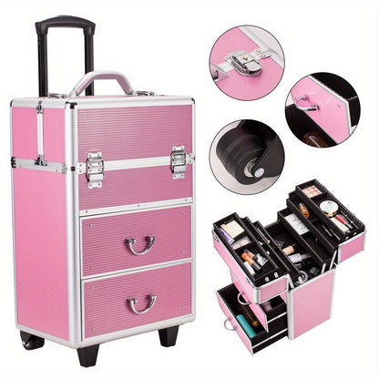 Pink Four-Tier Rolling Makeup Train Case with Fold-Out Top Trays, Two Drawers and Telescoping Handle