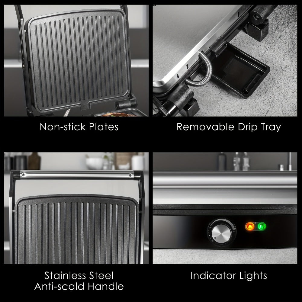 Panini Press Sandwich Maker 1200W – 4-Slice Non-Stick Grill with 180° Opening Adjustable Temperature 120–428°F & Removable Drip Tray | Electric Contact Grill for Sandwiches Steaks Burgers Indoor Use