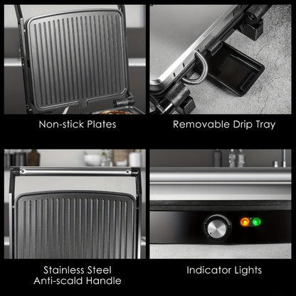 Panini Press Sandwich Maker 1200W – 4-Slice Non-Stick Grill with 180° Opening Adjustable Temperature 120–428°F & Removable Drip Tray | Electric Contact Grill for Sandwiches Steaks Burgers Indoor Use
