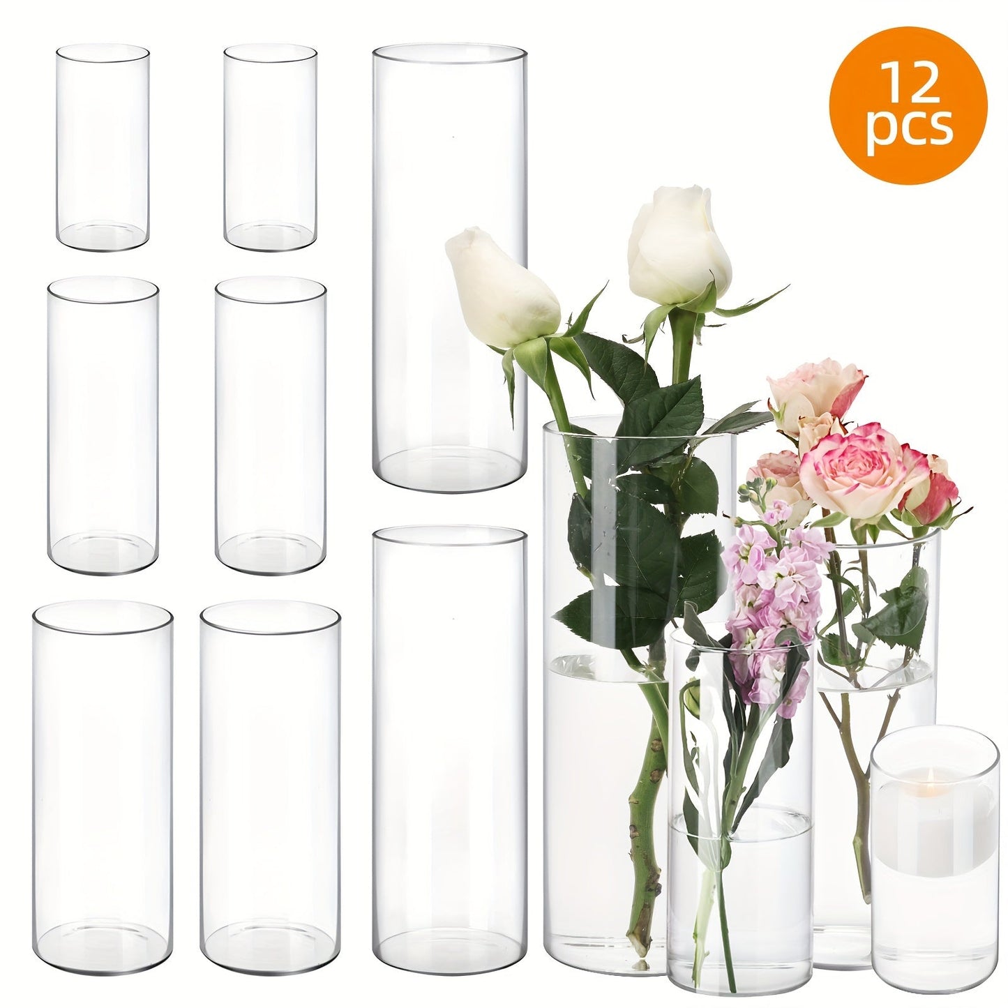 Clear Cylinder Vase Set in Four Heights with Twelve-, Twenty-Four- or Forty-Eight-Piece Quantities
