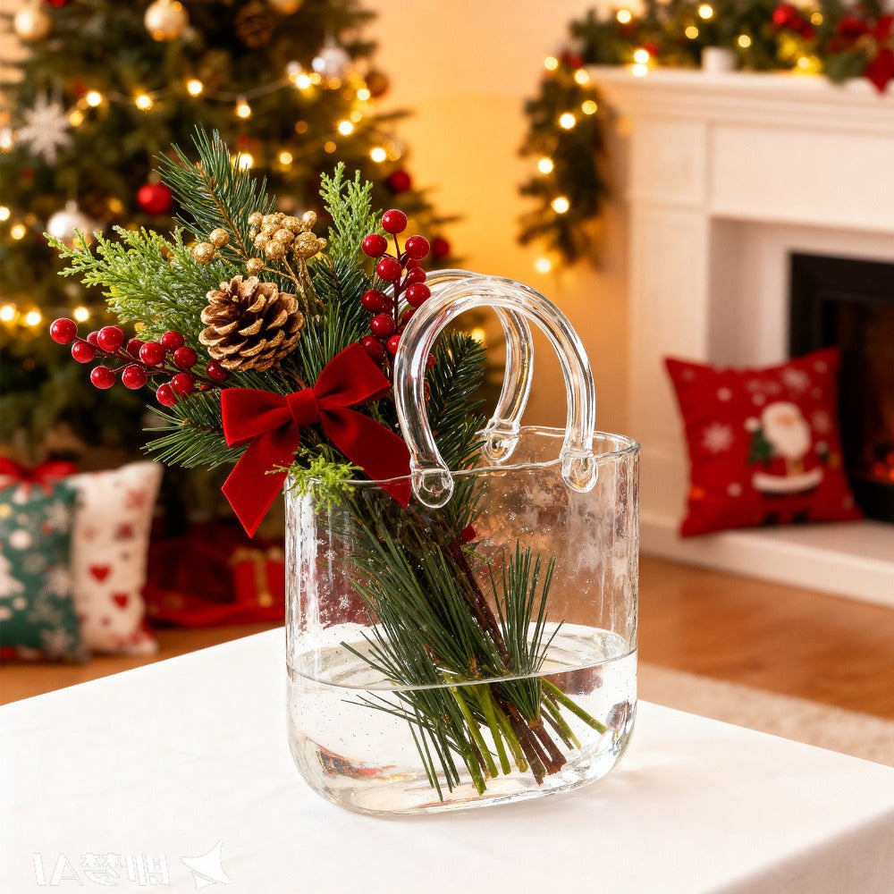 Clear Bubble Glass Purse Vase with Handbag Handles, 1- or 2-Piece Set and 10.4-Inch Height