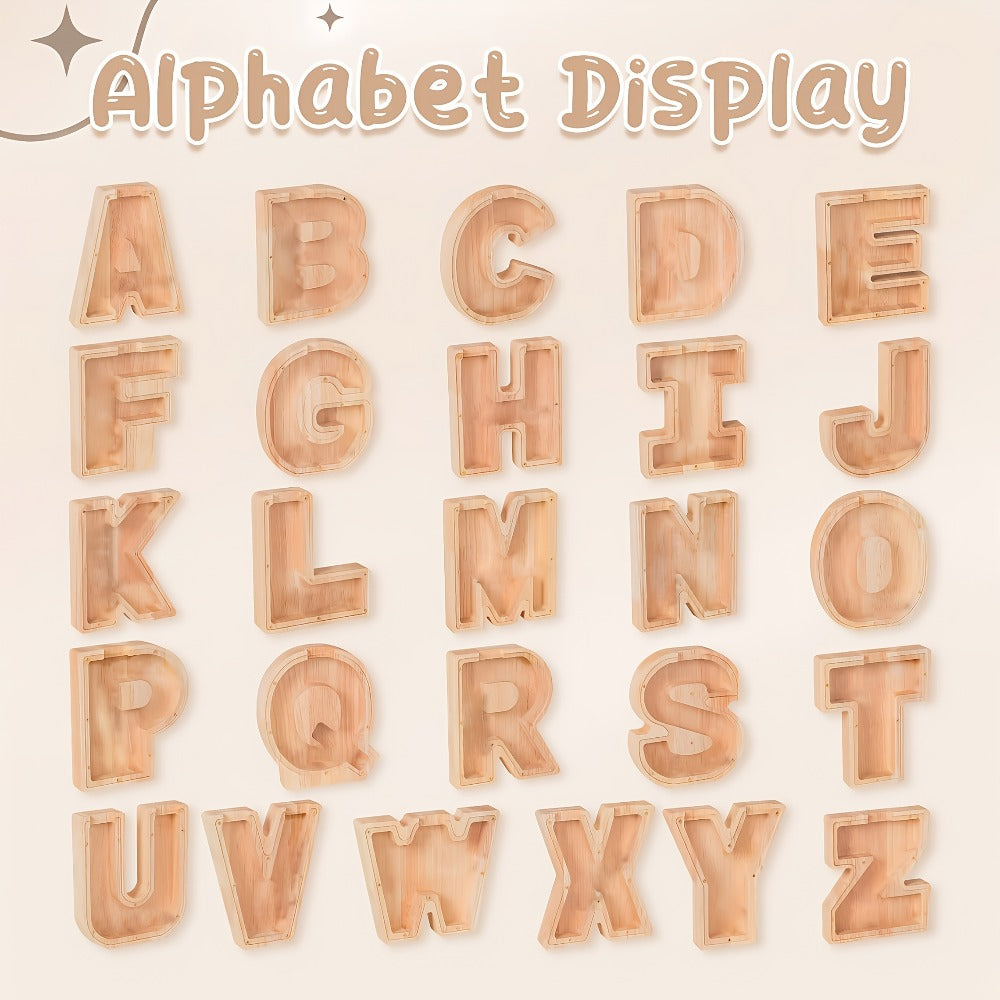 Wooden Alphabet Letter Coin Bank with Clear Front Panel, Top Slot and Eight Initial Options for Home Decor
