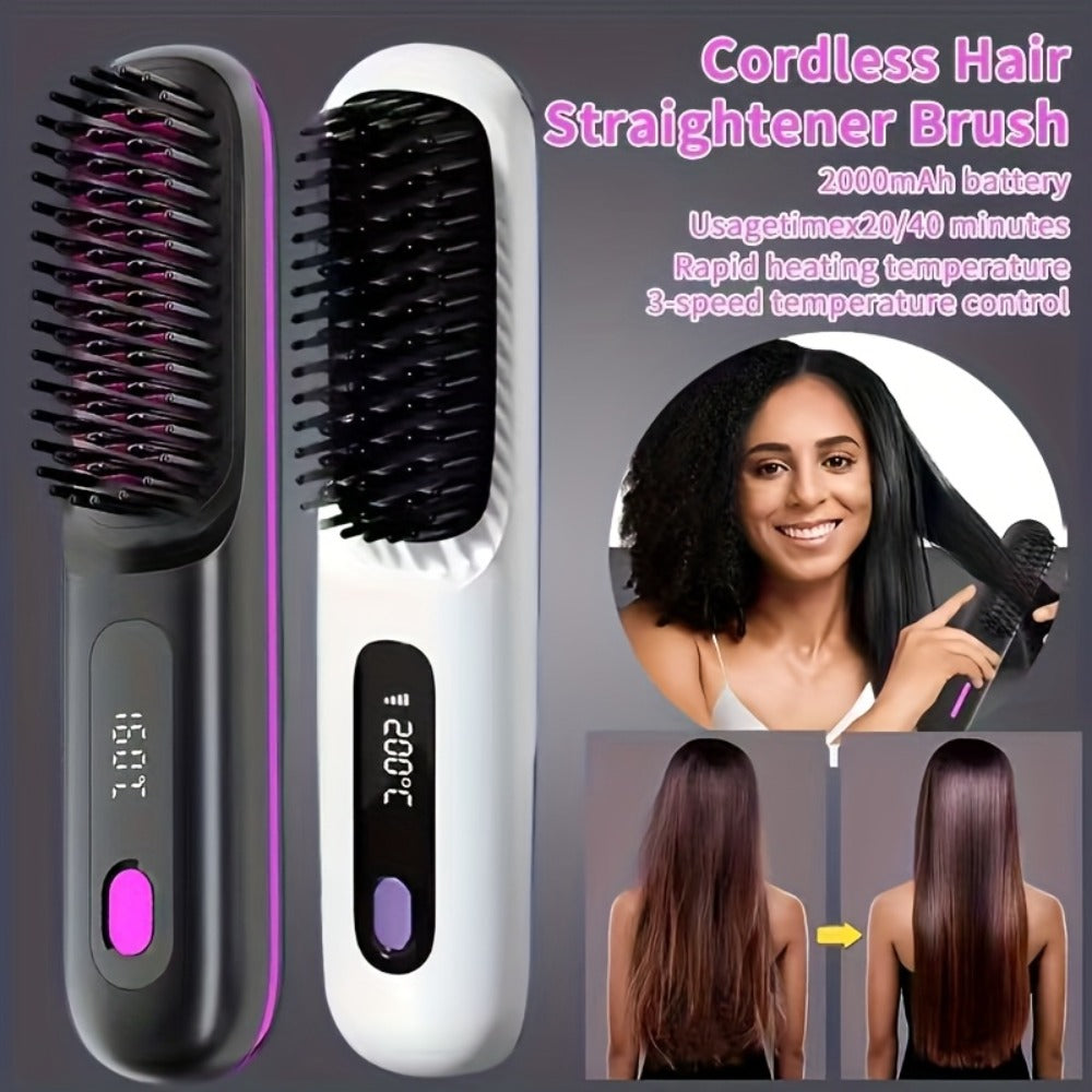 Cordless Hair Straightening Brush with USB-C Charging, Three Heat Levels and Black or White Options