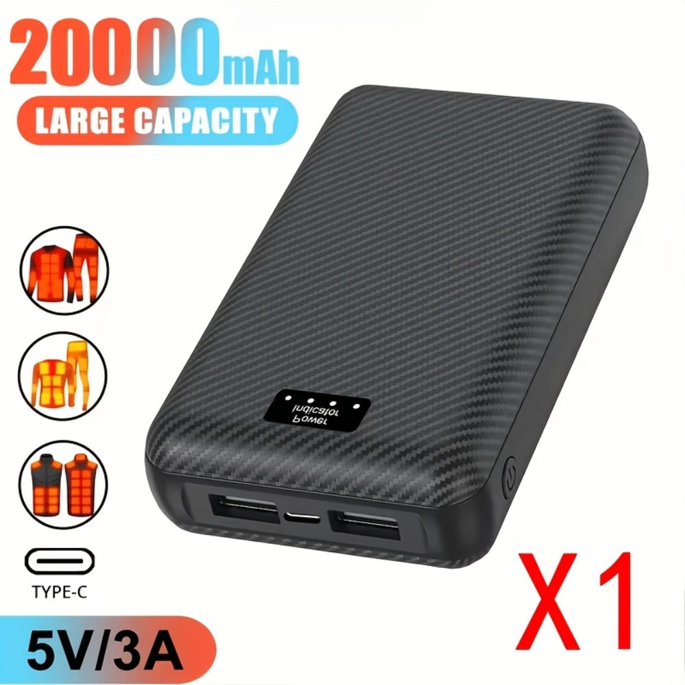 Power Bank 20000mAh 5V/3A for Heated Clothing with USB-C Input/Output, Single or Two-Pack Sets