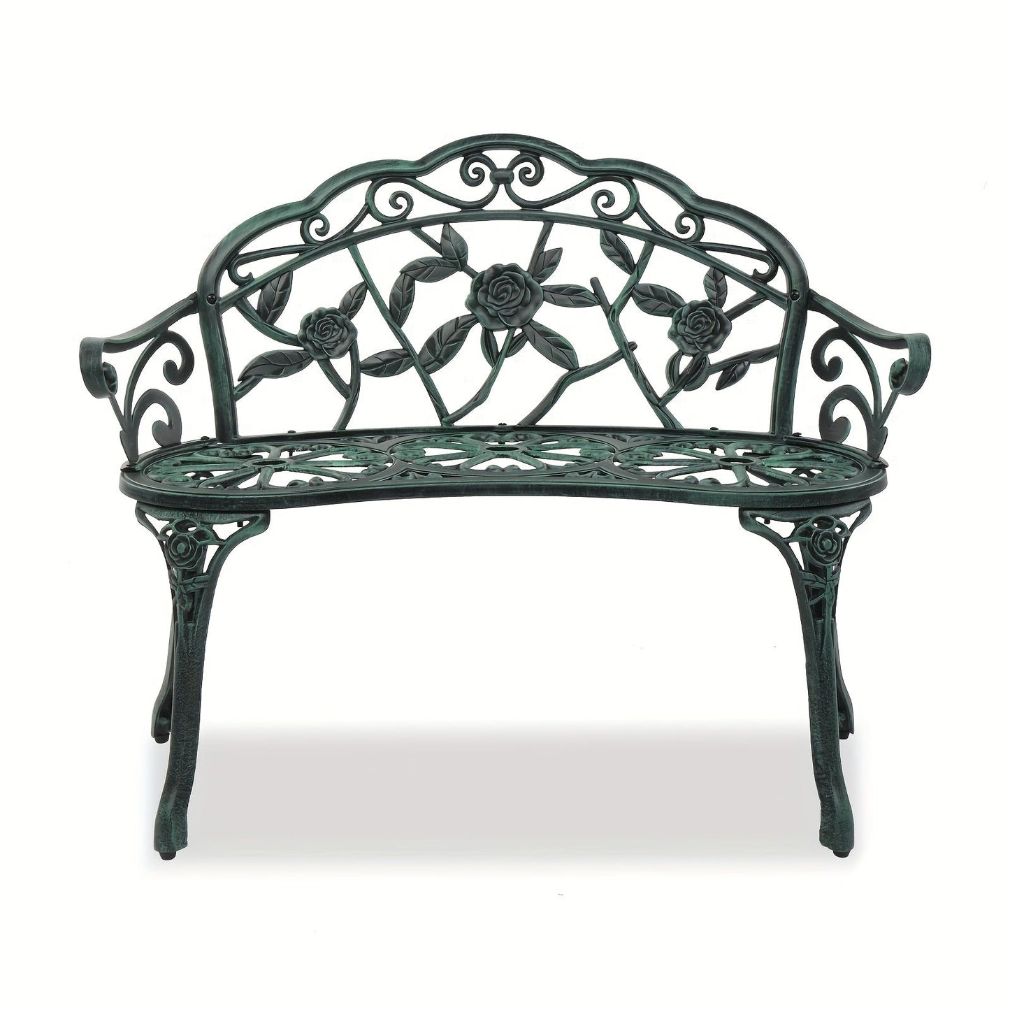 Floral Metal Outdoor Bench with 38.5in Rose-Pattern Seat and Back, Curved Arms and Four Color Options