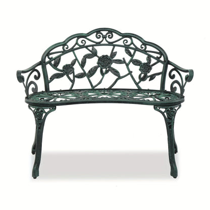 Floral Metal Outdoor Bench with 38.5in Rose-Pattern Seat and Back, Curved Arms and Four Color Options
