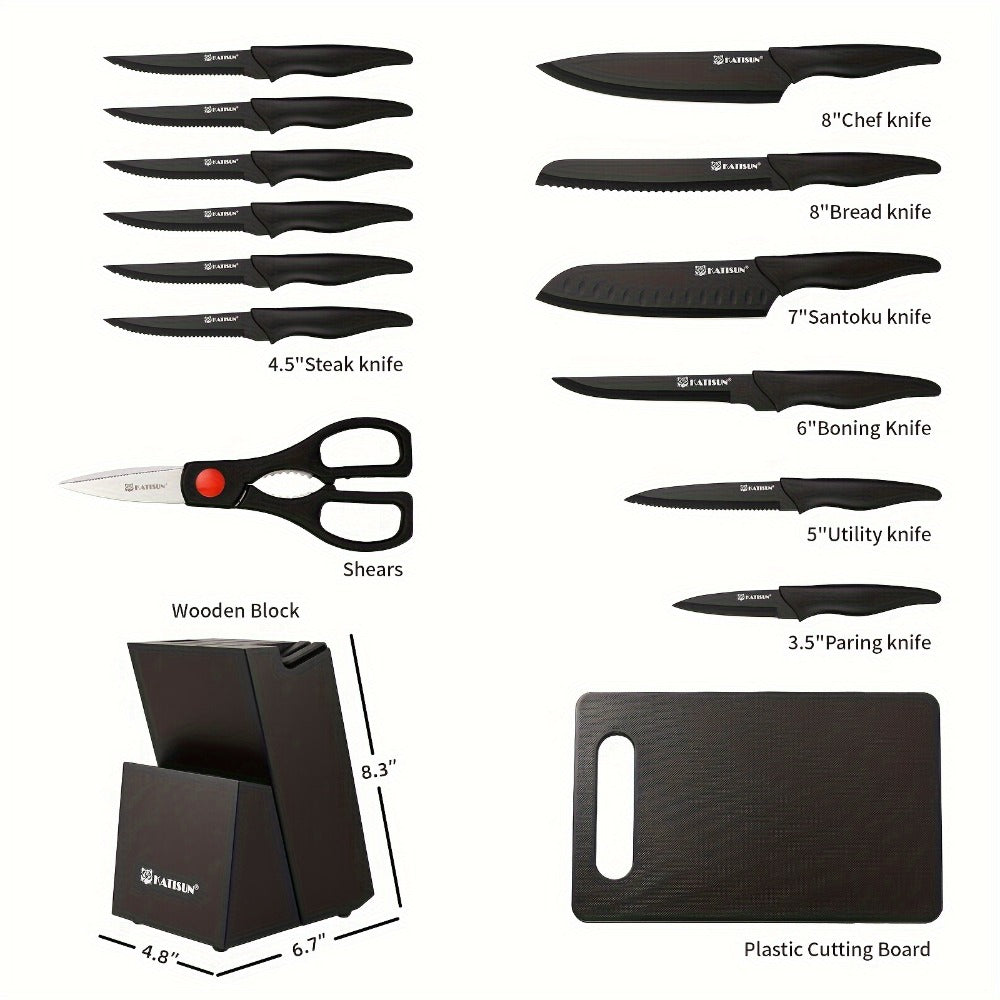 15-Piece Kitchen Knife Set with Black Handles, Steak Knives, Scissors, Honing Rod, Cutting Board and Storage Block