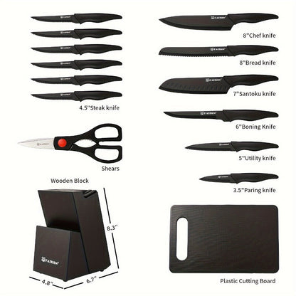 15-Piece Kitchen Knife Set with Black Handles, Steak Knives, Scissors, Honing Rod, Cutting Board and Storage Block
