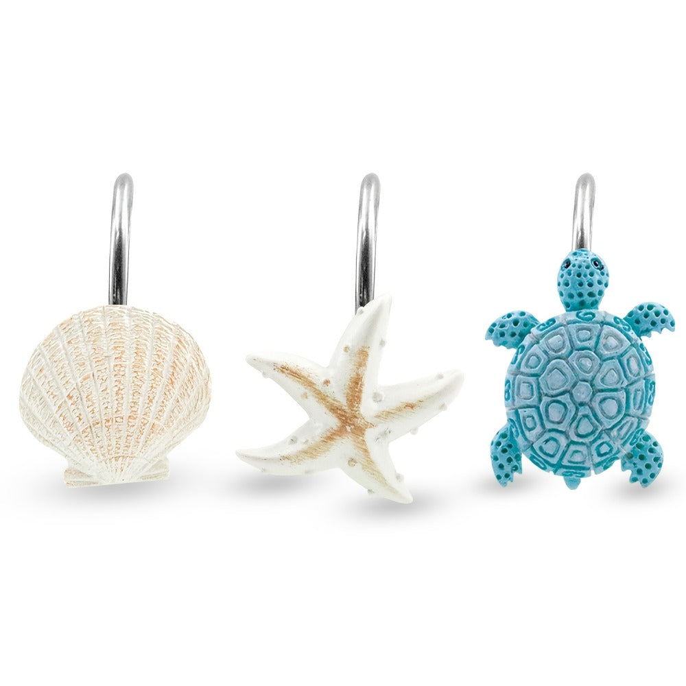 12-Piece Marine Shower Curtain Hook Set with Blue Turtle, Starfish and Seashell Decorations
