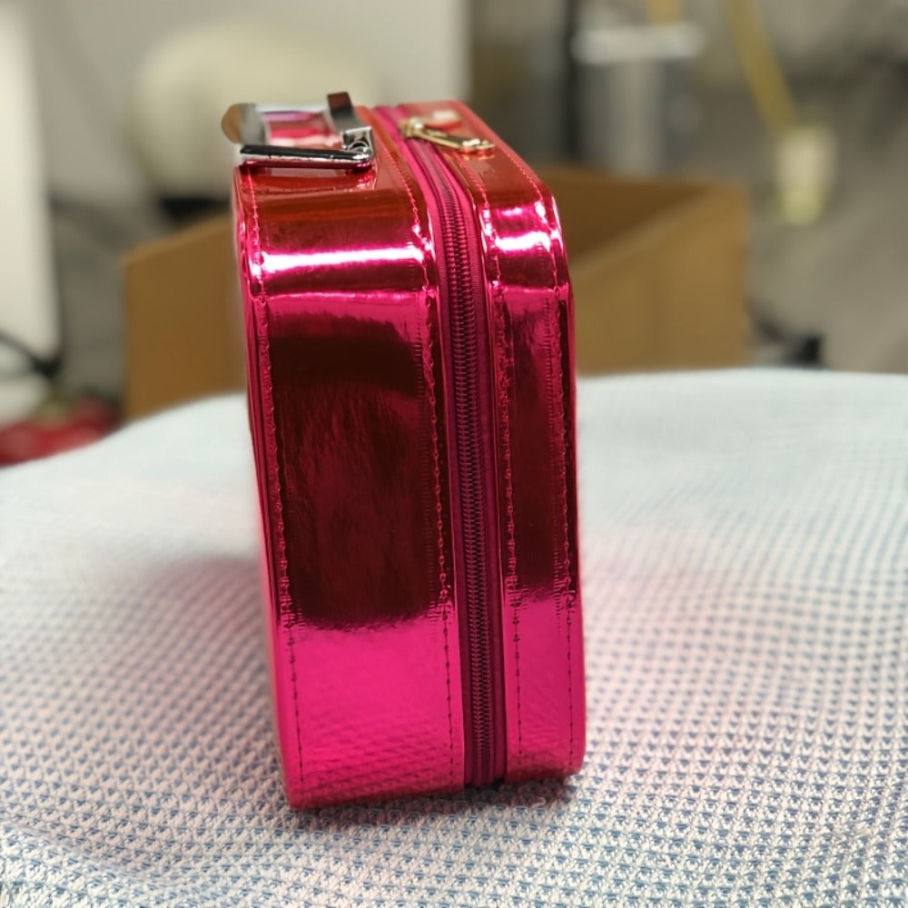 Glitter Makeup Travel Case Hard Shell Large Capacity Flat Lay Organizer Luxury Cosmetic Storage Box for Women Portable Fits in Suitcase Gold Rose Red Pink Size L Beauty Gift