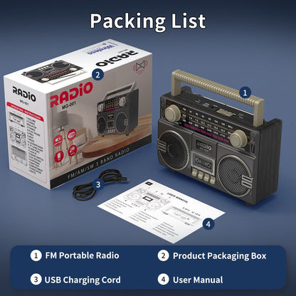 Portable AM/FM/SW Radio with 1200mAh Battery, Bluetooth, USB/TF/AUX Playback and LED Flashlight