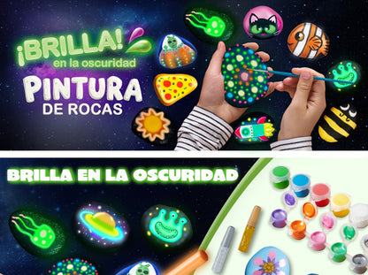 Rock Painting Kit for Kids Glow in the Dark – 10 Rocks Metallic & Glow Paints Gems Glitter Brushes Stickers All-in-One Craft Set for Boys Girls Ages 6+ Birthday Easter Christmas Gift