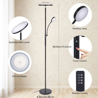 Dual-Head Torchiere Floor Lamp with 27W Main Light, 7W Reading Arm, Four Color Temperature Modes and Remote or Touch Control