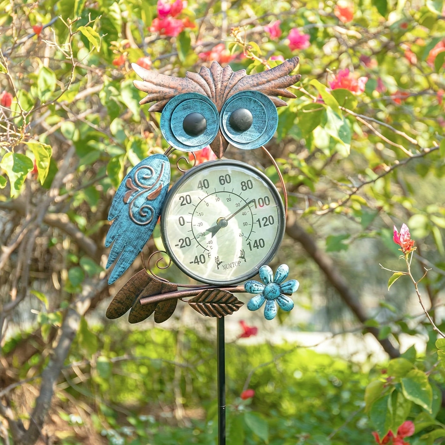 Owl-Shaped Analog Garden Thermometer with Wall Hook and Pictured 41.34-Inch Ground Stake Display Option