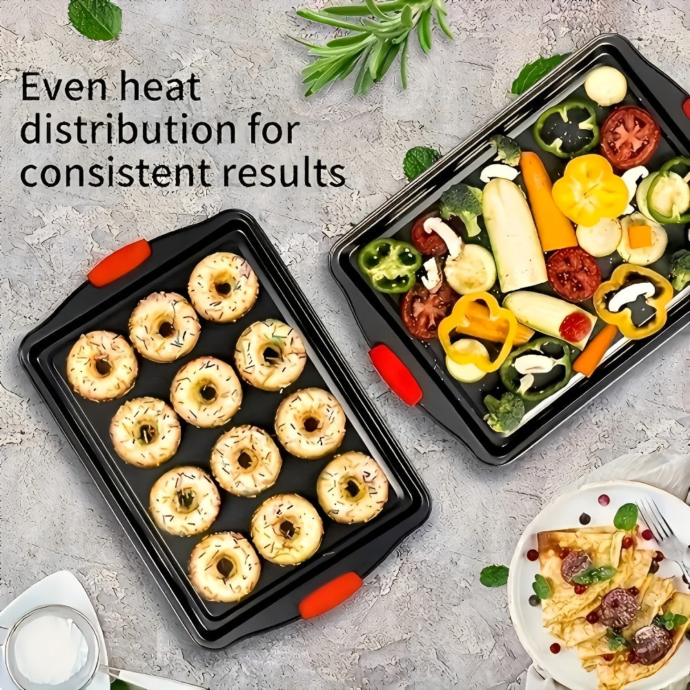 Three-Piece Black Baking Sheet Set with Red Grip Tabs in Small, Medium and Large Nesting Sizes