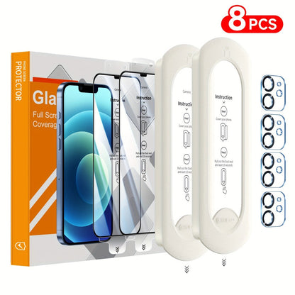 Screen Protector, 8-Piece iPhone Tempered Glass Set with Four Screen Films, Four Camera Lens Covers and Alignment Tools