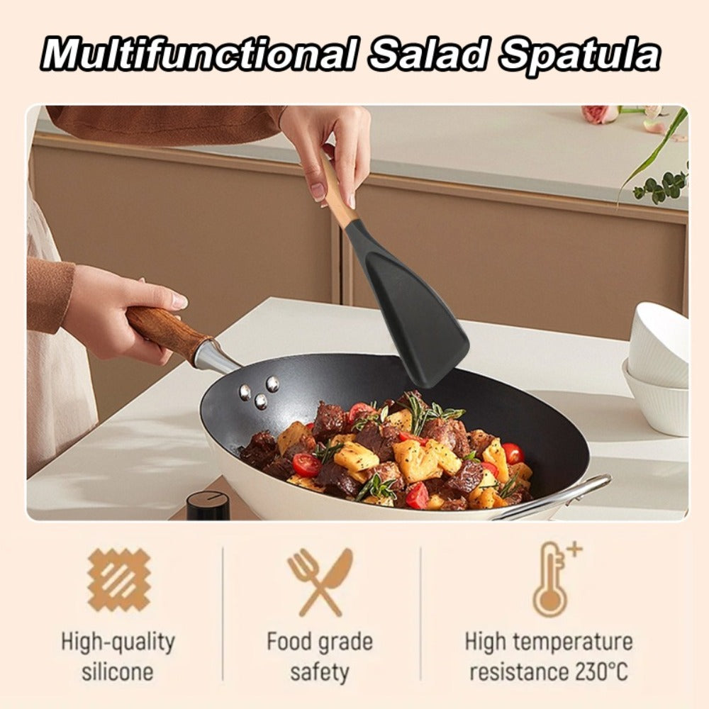Silicone Kitchen Utensil Set 2/4 Pcs – 12-Inch Wood Handle Cooking Tools with Stay-Cool Grip for Frying, Baking, Mixing & Serving, Non-Stick Cookware Safe Spatula & Spoon Kit
