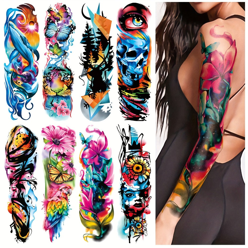 Temporary Tattoos, 46-Sheet Colorful Floral, Geometric, Portrait and Ink-Painting Style Body Art Set