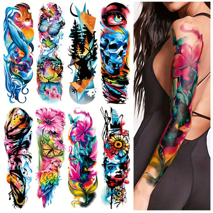 Temporary Tattoos, 46-Sheet Colorful Floral, Geometric, Portrait and Ink-Painting Style Body Art Set
