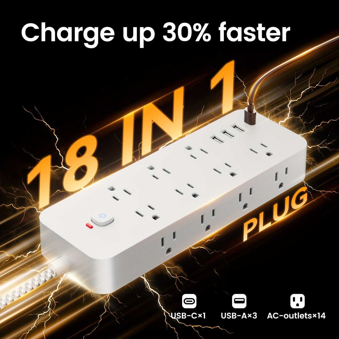 Surge Protector Power Strip 18-in-1 with 14 AC Outlets, 3 USB-A, 1 USB-C, 4 ft Flat Cord and Wall-Mount Holes