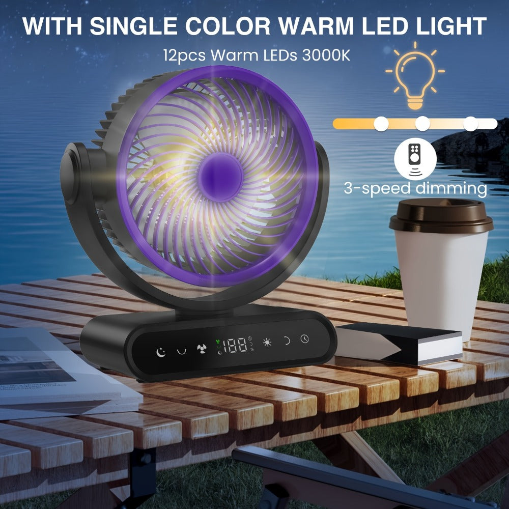 Camping Fan with LED Light Battery Powered 20000mAh 40000mAh 9-Inch 5-Speed Remote Control 90° Tilt 120° Oscillating Quiet Air Circulator for Outdoor Home