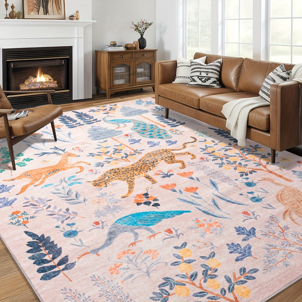 Area Rug, Jungle Animal and Tiger Print Indoor Carpet in Black, Green or Pink with Four Room-Size Options